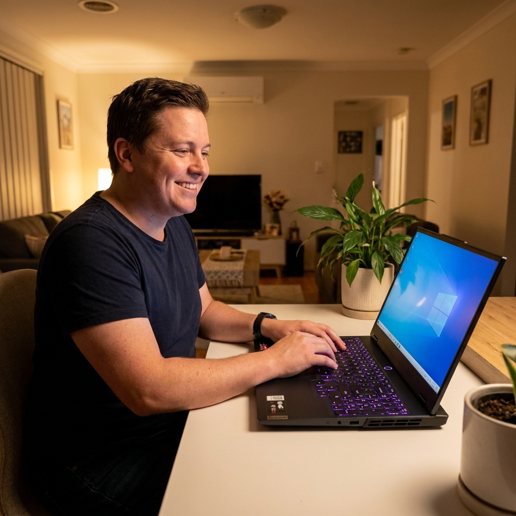 Lenovo Legion repair - the actual Lenovo Legion gaming laptop open at home, owner using it, running smoothly