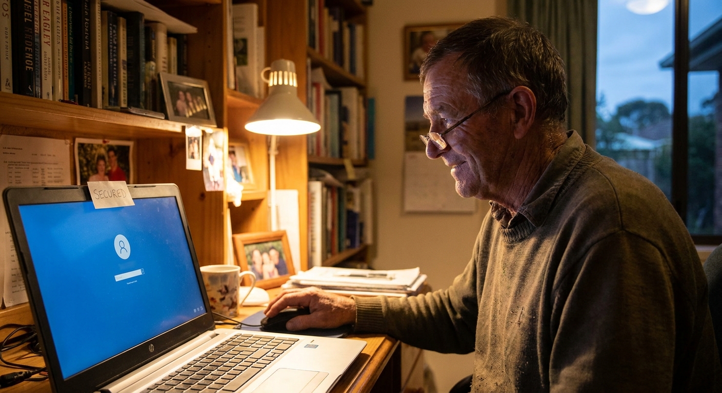 Online banking virus removal in Australia -- a reassured man banking safely at home on his freshly secured computer
